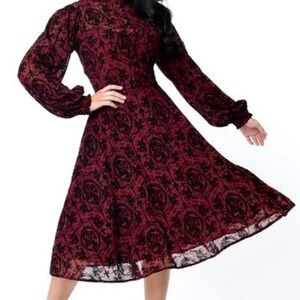 Unique Vintage - Burgandy Swing Dress w/ Floral Velvet Burnout 2X